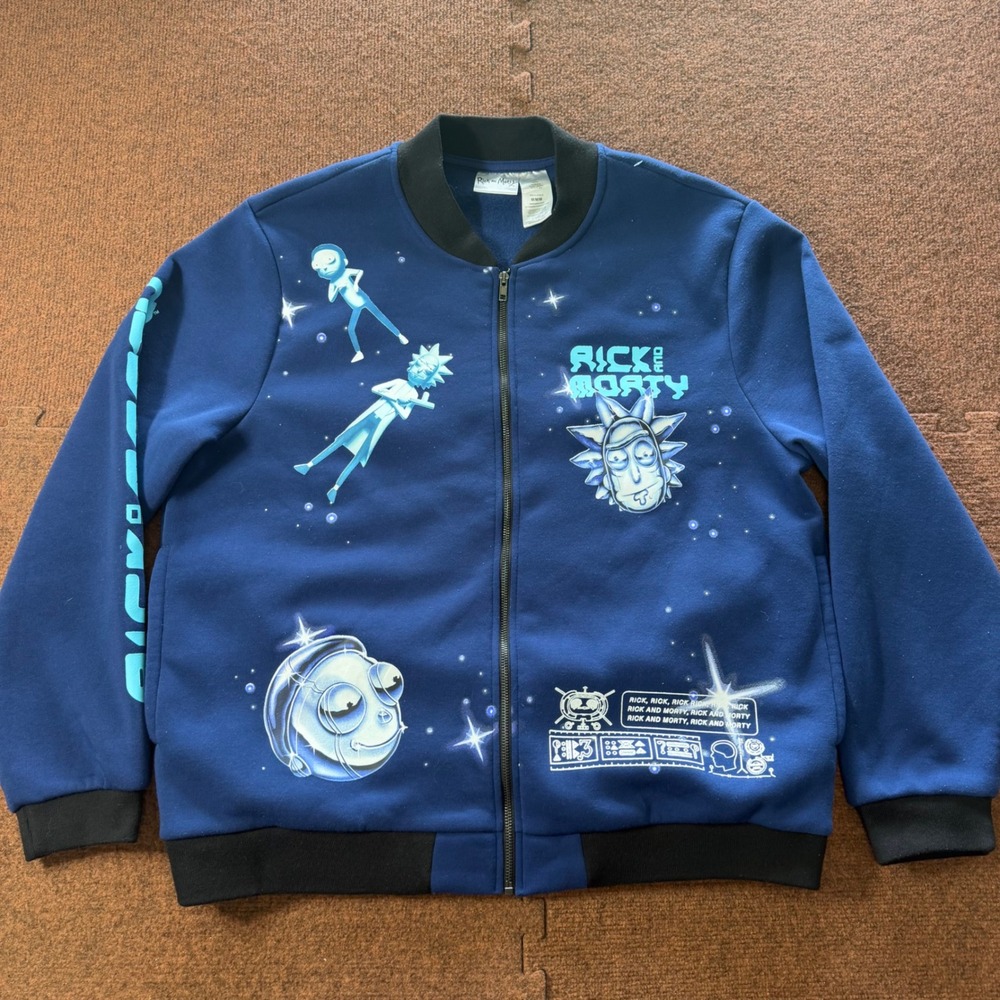 Rick and Morty Men Blue Graphic Bomber Jacket Zip Sweatshirt Medium Isaac Morris